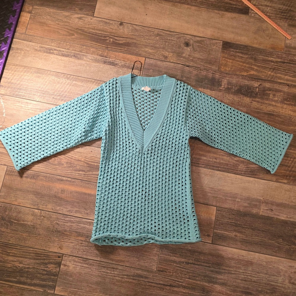 HM Light Blue Open Knit Crochet V-Neck Tunic Beach Coverup Bell Sleeve Small